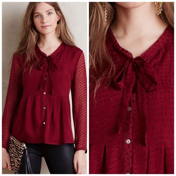 Anthropologie Meadow Rue Clipdot Tie-neck Blouse NWT Size Medium - Picture 1 of 16